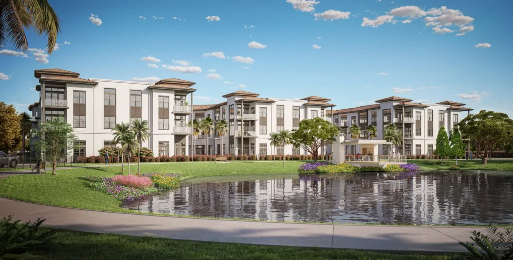 A rendering external view of the retirment campus at The Winsberg at Green Cay, in Delray Beach, Florida.